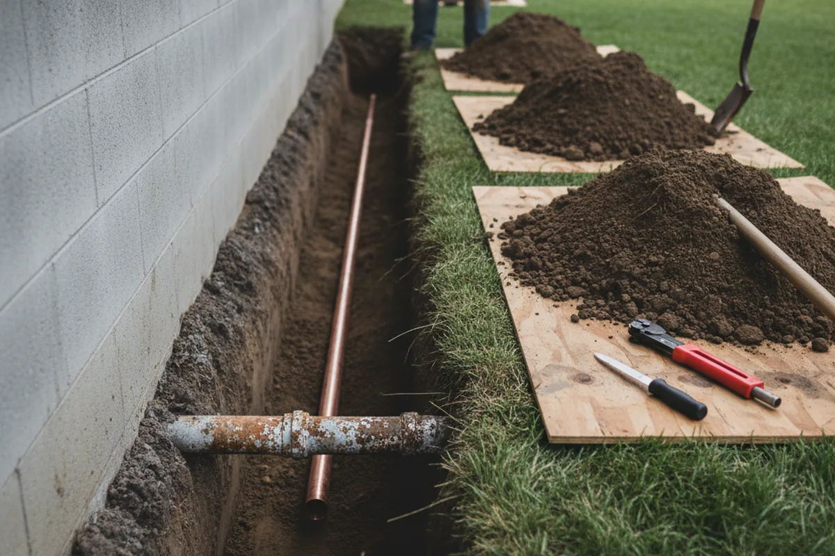 Excavated water line trench during Water Heater Repair in Korbel